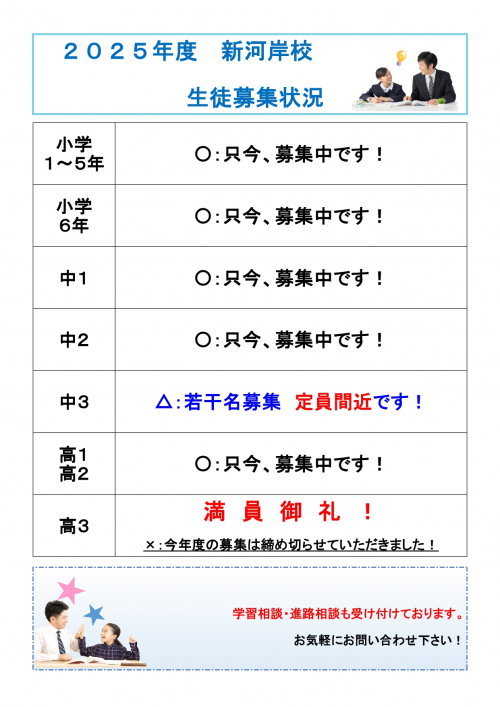 新河岸校 中学3年生・高校3年生 生徒募集数のお知らせ